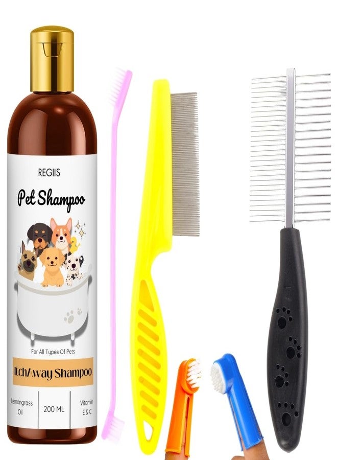 REGIIS Pet Shampoo with Lemongrass Oil, Vitamin E and C for All Types of Pets, 200ml, Includes Grooming Brushes(Pack of 4) - Image 1